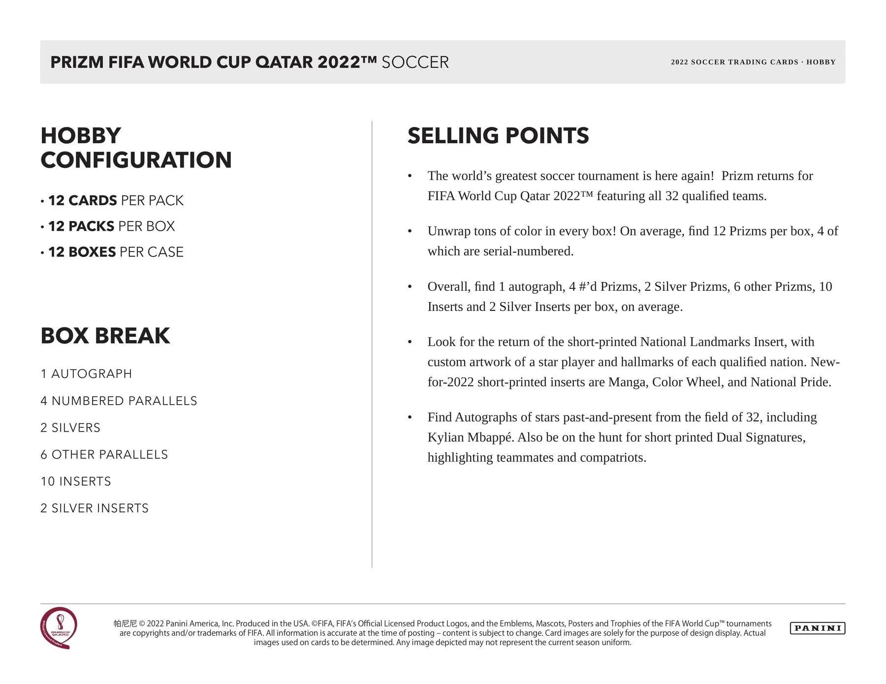 Panini - 2022 FIFA World Cup Prizm Football (Soccer) - Hobby Box (12 Packs)